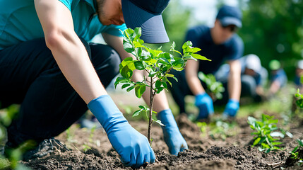 People planting small trees in a garden, focusing on environmental protection and sustainable development