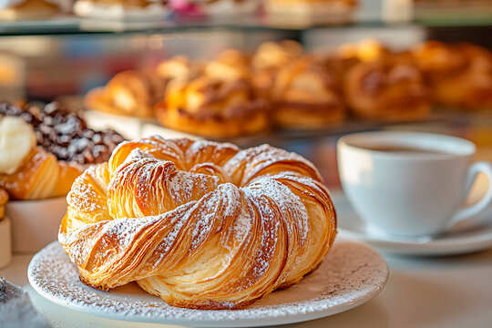 Traditional ensaimada pastry from Mallorca dusted with powdered sugar, served on a plate with coffee in a bakery setting