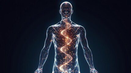 Human body with glowing DNA helix and neural network.