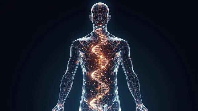 Human body with glowing DNA helix and neural network. - Powered by Adobe