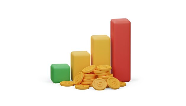 3D cartoon bar graph icon with golden coins at the base, symbolizing financial growth, revenue increase, and business performance in a playful pastel style.