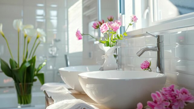 Bright bathroom with two white sinks, plants, and flowers