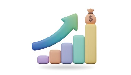 3D cartoon growth chart icon with colorful bars and a rising arrow, soft pastel tones, rounded shapes, and smooth shadows, symbolizing business growth, success, and financial progress.