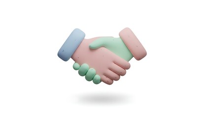 3D cartoon handshake icon with smooth rounded hands and soft pastel colors, symbolizing partnership, agreement, teamwork, trust, and successful collaboration.