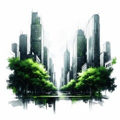 Obraz premium Modern city skyline with lush green trees and water reflection isolated on white background
