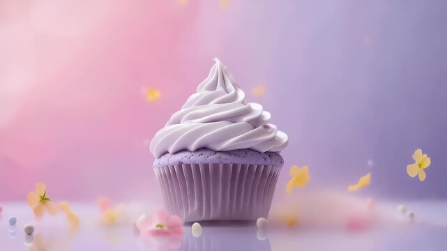 taro cupcake on a pink and purple gradient background