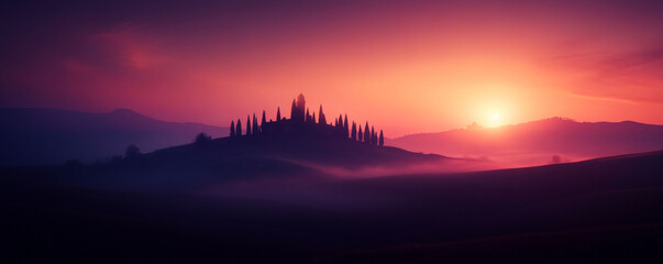 Silhouette of a medieval village with cypress trees on a hill during a dramatic sunset or sunrise with vibrant sky and fog.
