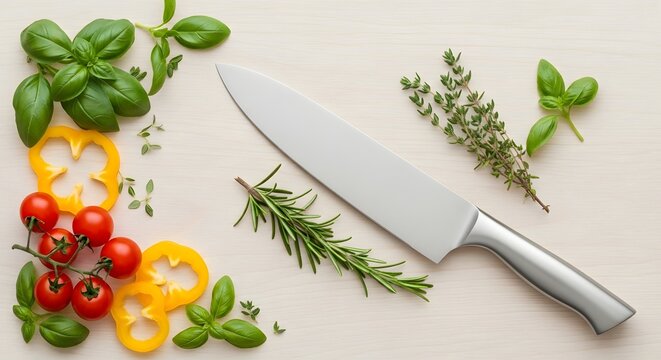 Culinary Setup with Fresh Herbs, Vegetables, and Sharp Knife - Powered by Adobe