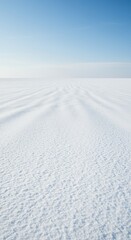 An expansive, pristine snow field stretches towards a distant horizon under a clear, bright winter sky. Untouched white powder glistens ,pure ,silent ,horizon