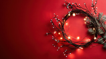 Christmas wreath with pine branch and fairy lights on red background creates festive and joyful holiday atmosphere for celebration