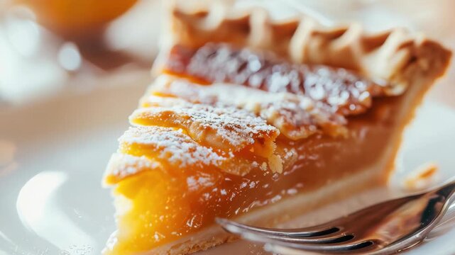 Delicious slice of apple pie on white plate with fork