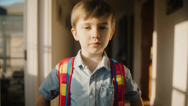 A young boy with a backpack stands in a hallway ready for school on a sunny day near an open door