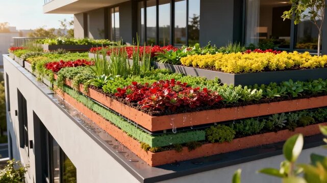 Side view of a green roof layered with vibrant sedum installation showcasing water retention and insulation benefits in modern building design.