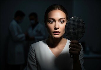 Concerned woman examining her face with a hand mirror in a dark, dramatic medical setting