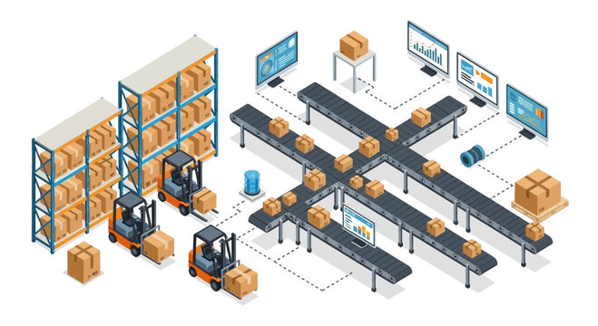 Isometric illustration of a warehouse with forklifts moving boxes, conveyor belts transporting packages, and computer monitors displaying data.