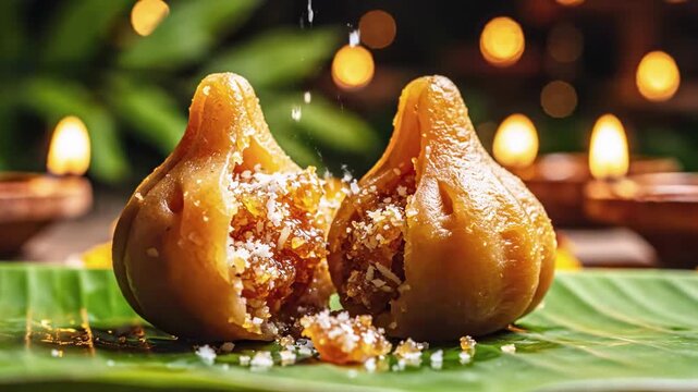 Two open, filled pastries on a leaf with candles, a festive scene with bokeh