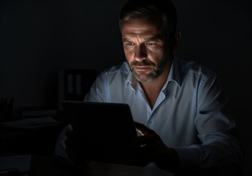 Serious professional man working late at night, illuminated by the glow of a digital tablet. - Powered by Adobe