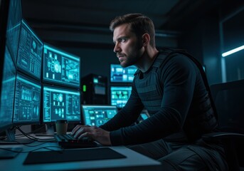 Intense security operator monitoring data on glowing screens in a dark high tech control center