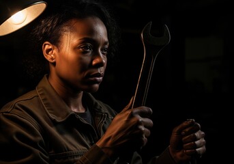 Low key portrait of a focused african american female mechanic holding a large wrench