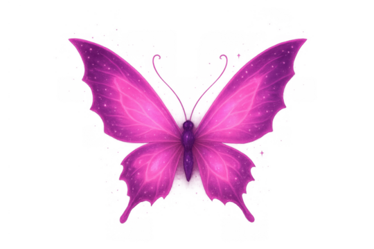 Pink glowing butterfly with fantasy wings and sparkling dust flying, magic insect symbol, transparent background