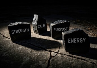 Strength calm purpose energy words carved into four dark stones on cracked earth