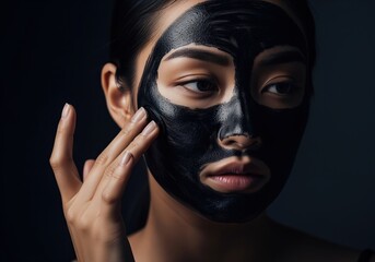 Asian woman applying black charcoal detox facial mask during a focused beauty treatment