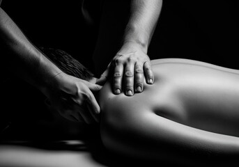 Deep tissue massage on neck and shoulder in high contrast black and white studio shot