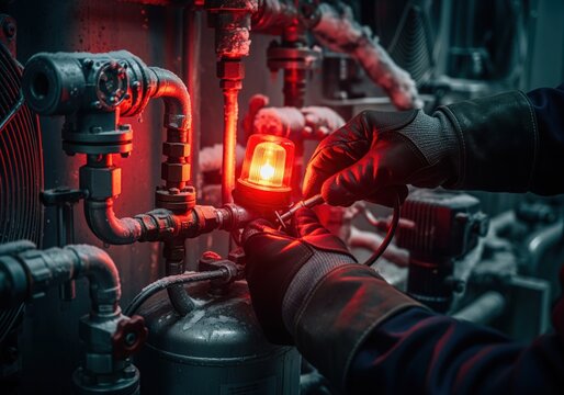 Refrigeration mechanic gloved hands working on frosted industrial pipes under a red emergency light.