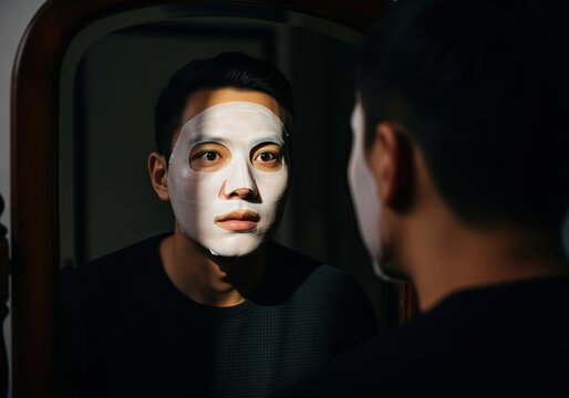 Dramatic portrait of an asian man applying a white sheet mask for his skincare routine
