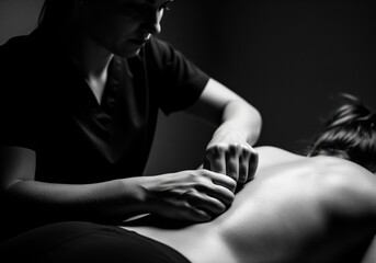 Black and white close up of a therapist giving a deep tissue back massage