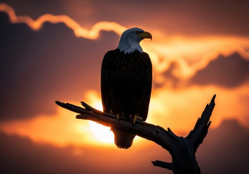 Powerful bald eagle perched on a snag at sunset with dramatic orange clouds