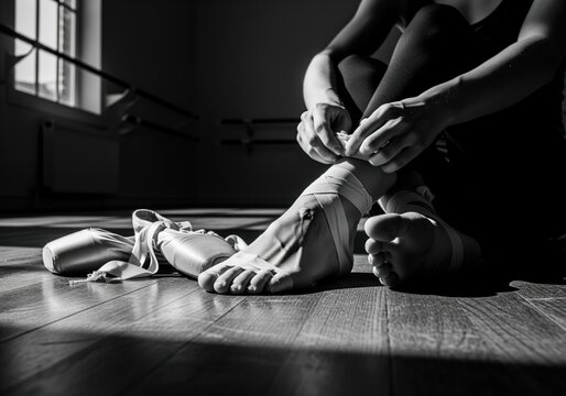 Black and white image of a ballet dancer wrapping her injured feet with tape - Powered by Adobe