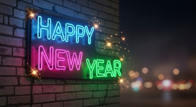 Happy New Year Neon Sign Celebration Night.