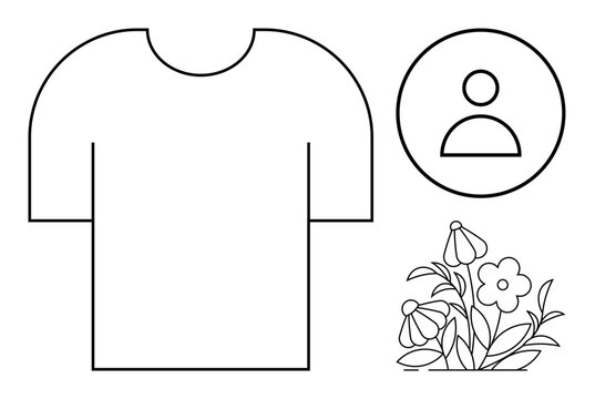 Black outline T-shirt, circle profile icon, and floral illustration with leaves and blooms. Ideal for apparel design, personal branding, identity, minimalism, eco-friendly themes, nature integration