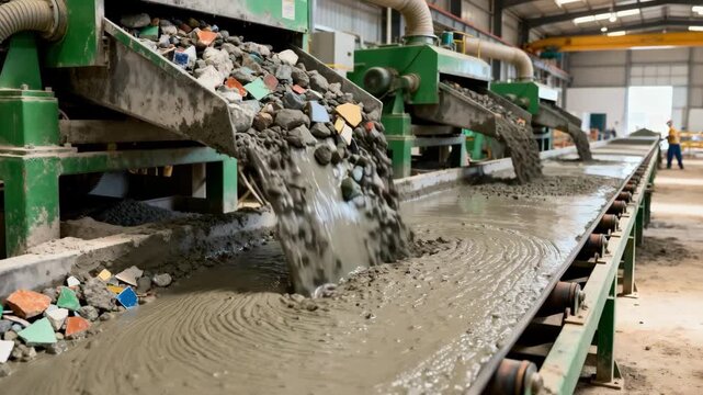 Medium shot of slag cement slurry being stirred on a production line illustrating environmentally conscious manufacturing practices in ecofriendly cement creation