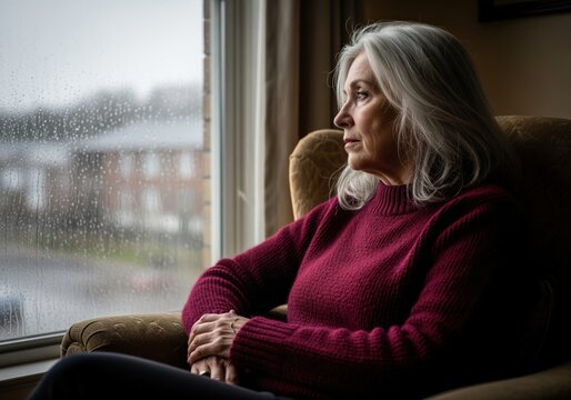 Thoughtful senior woman gazing out a window on a dark, rainy day.
