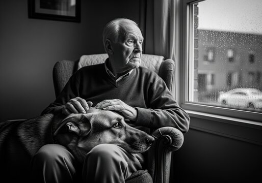 Elderly man petting his faithful dog while looking out a rainy window in black and white