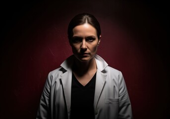 Obraz premium Intense low key studio portrait of a serious woman doctor in a white lab coat
