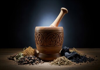 Carved wooden mortar and pestle surrounded by natural dried herbs and spices