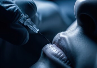 Dermal filler injection into woman lip during cosmetic beauty treatment procedure.