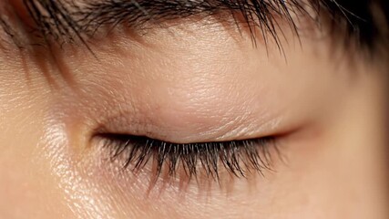 Close-up macro detail of a human eye closed in peaceful repose, capturing a serene moment of transition with delicate eyelashes in sharp focus
