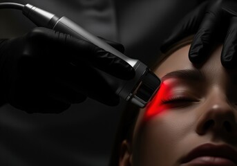 Professional performing radiofrequency thermal skin tightening treatment on a woman face