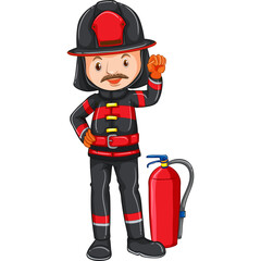 Cartoon Firefighter Man Wearing Red and Black Uniform and Helmet Standing Next to Fire Extinguisher on Transparent Background