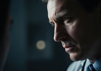 Intense cinematic close up profile of a serious doctor looking down in a dark setting