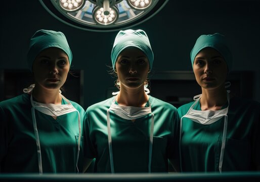 Focused female surgeons team standing under bright operating room surgical lamp