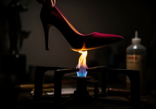Craftsmanship heating luxurious velvet high heel shoe over a blue gas flame