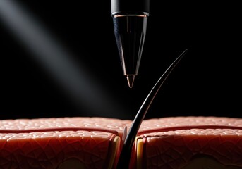 Dramatic macro view of serum drop applied to hair follicle and skin model