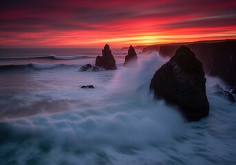 Powerful ocean wave crashing against rugged sea stacks captured during intense red sunset.