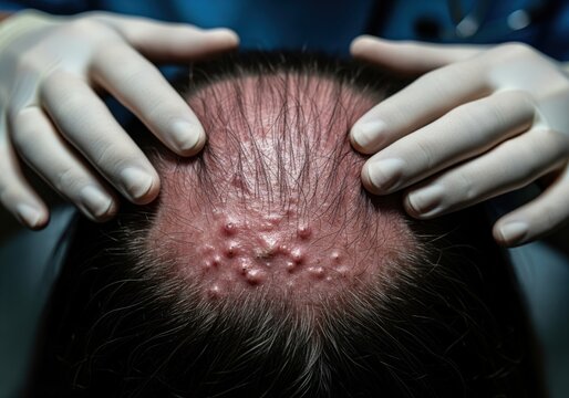 Dermatologist examines severe folliculitis and pustules on patient scalp