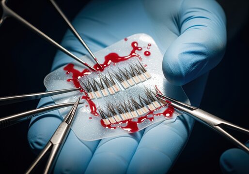 Hair grafts covered in blood on a surgical patch held by a gloved hand with medical instruments.